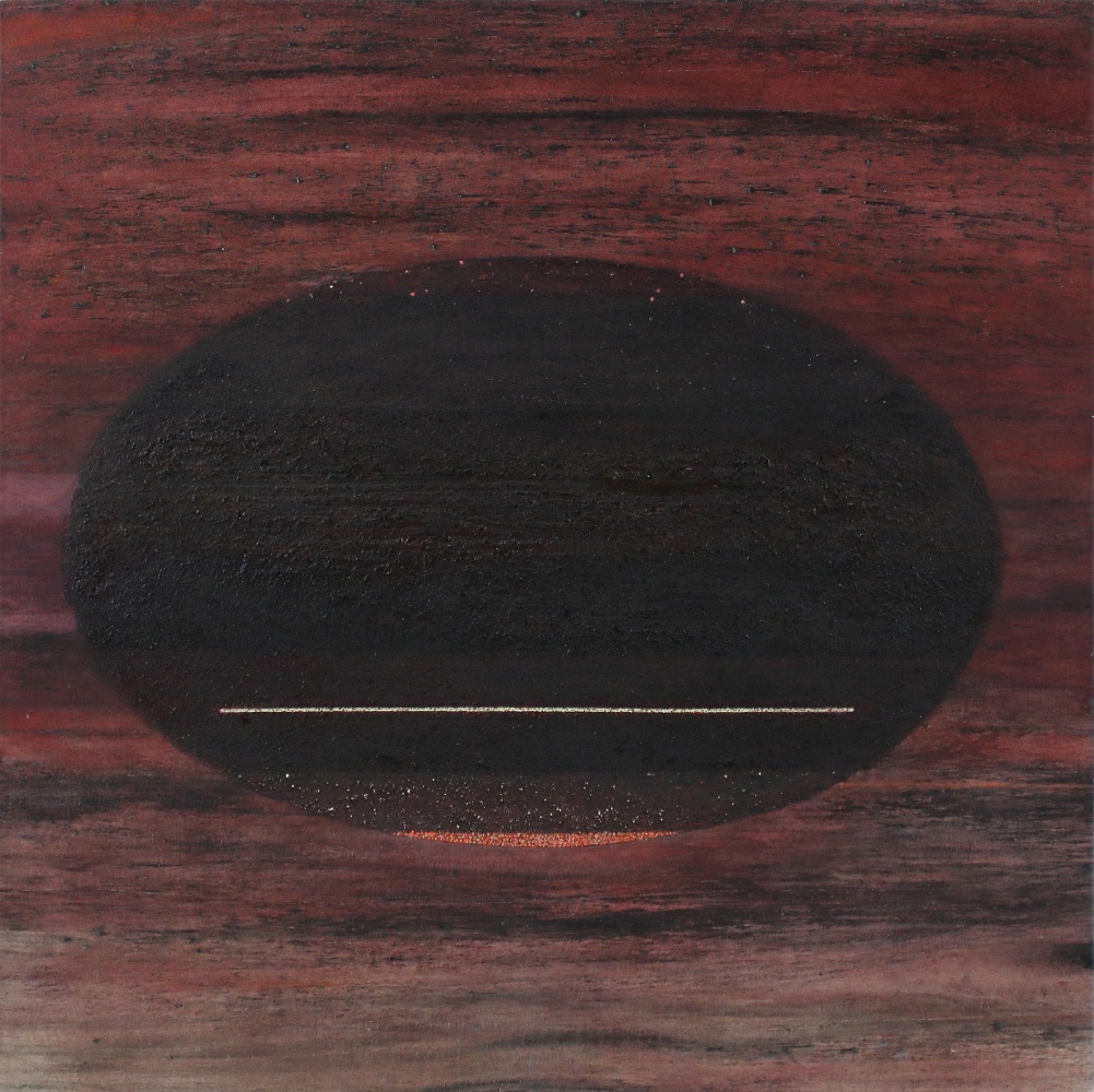 Abstract paintings with a black oval floating in the center of a maroon and black ground