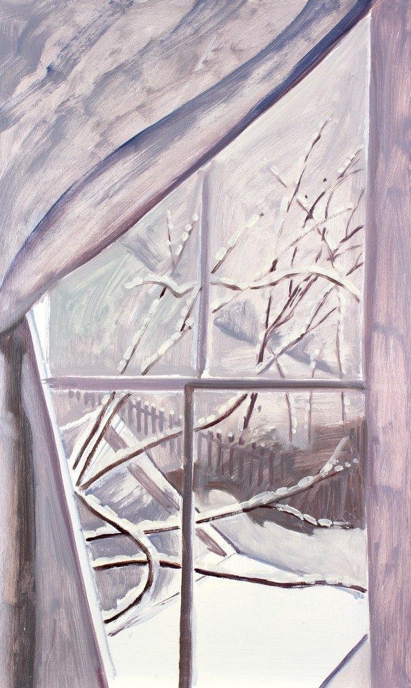 Painting of a view from a curtained interior window, looking out at a snow-covered yard, fence and trees