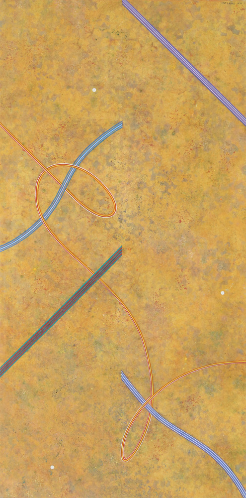 Abstract painting with four blue and green line segments and one looping red line crossing a textured, atmospheric yellow surface