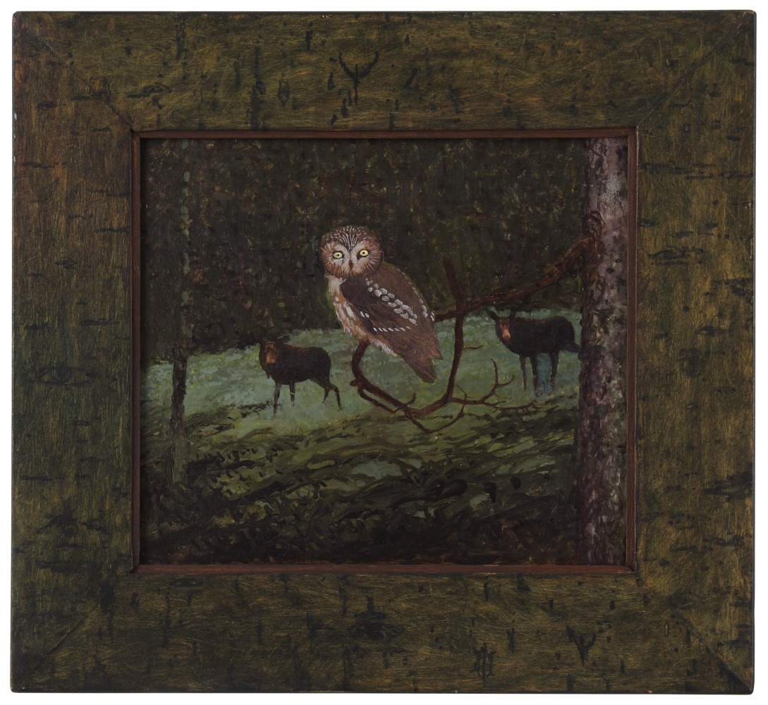 Painting of a dark forest scene, with one owl on a branch in the foreground flanked by two moose in the background