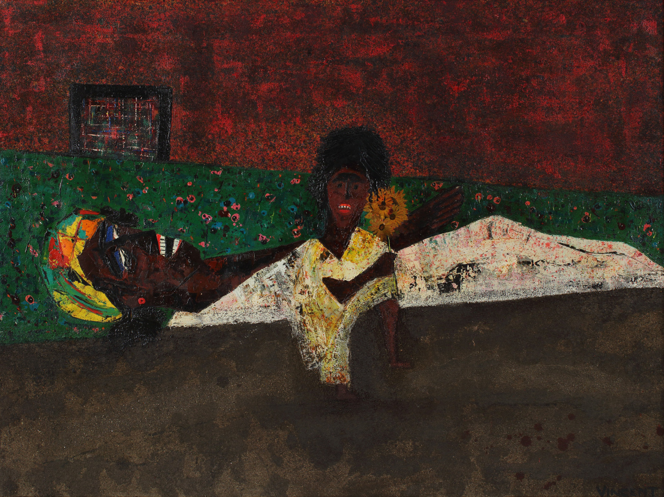 Abstracted, expressionist painting of a person lying in the grass and a child sitting in front holding a yellow flower