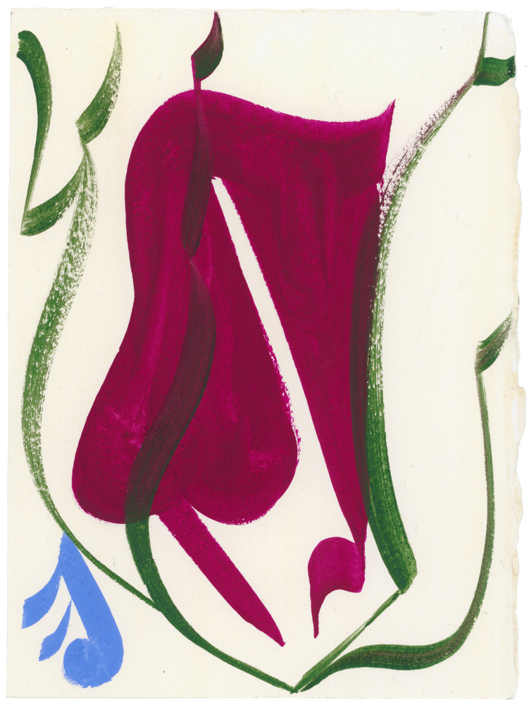 Abstract painting with organic fuchsia, blue and green forms on an cream-colored ground