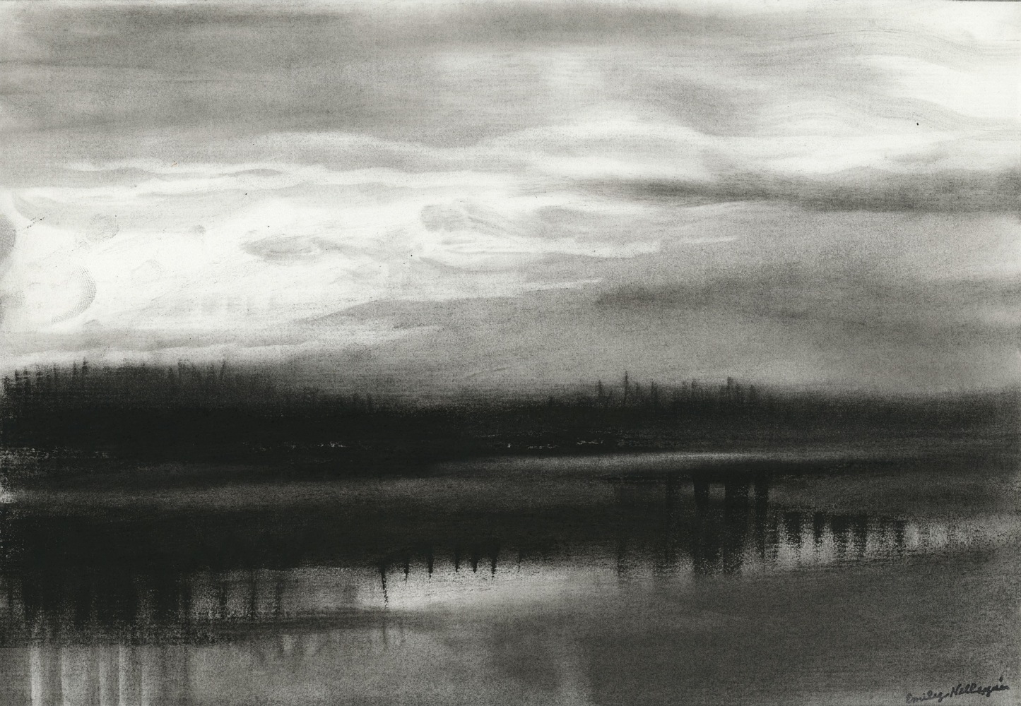 Charcoal landscape drawing of the sky and ocean at dawn or dusk, with dim sunlight coming through soft clouds and reflected off the water