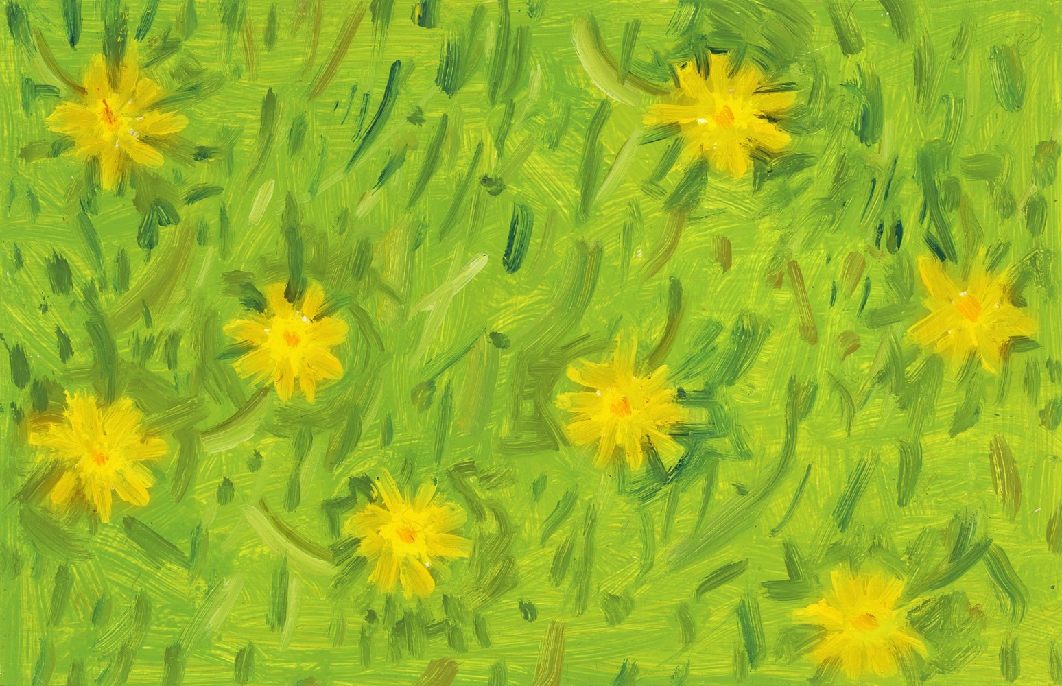 Painting of nine yellow flowers in a patch of green grass