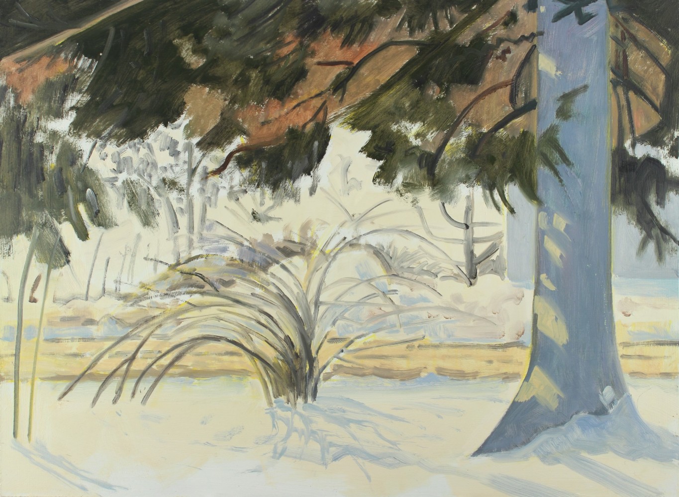 Painting of a landscape with a bush and tree in the foreground