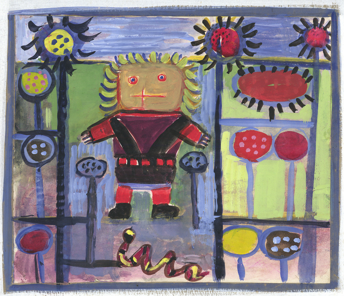 Abstracted painting of a child standing outside surrounded by flowers, with a snake at their feet