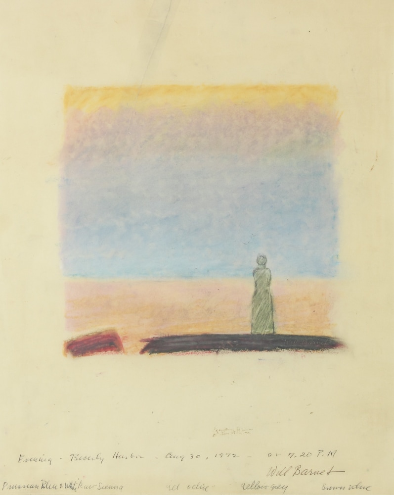 Pastel drawing of a woman standing on land with her back to the viewer, looking out at the sea at sunset