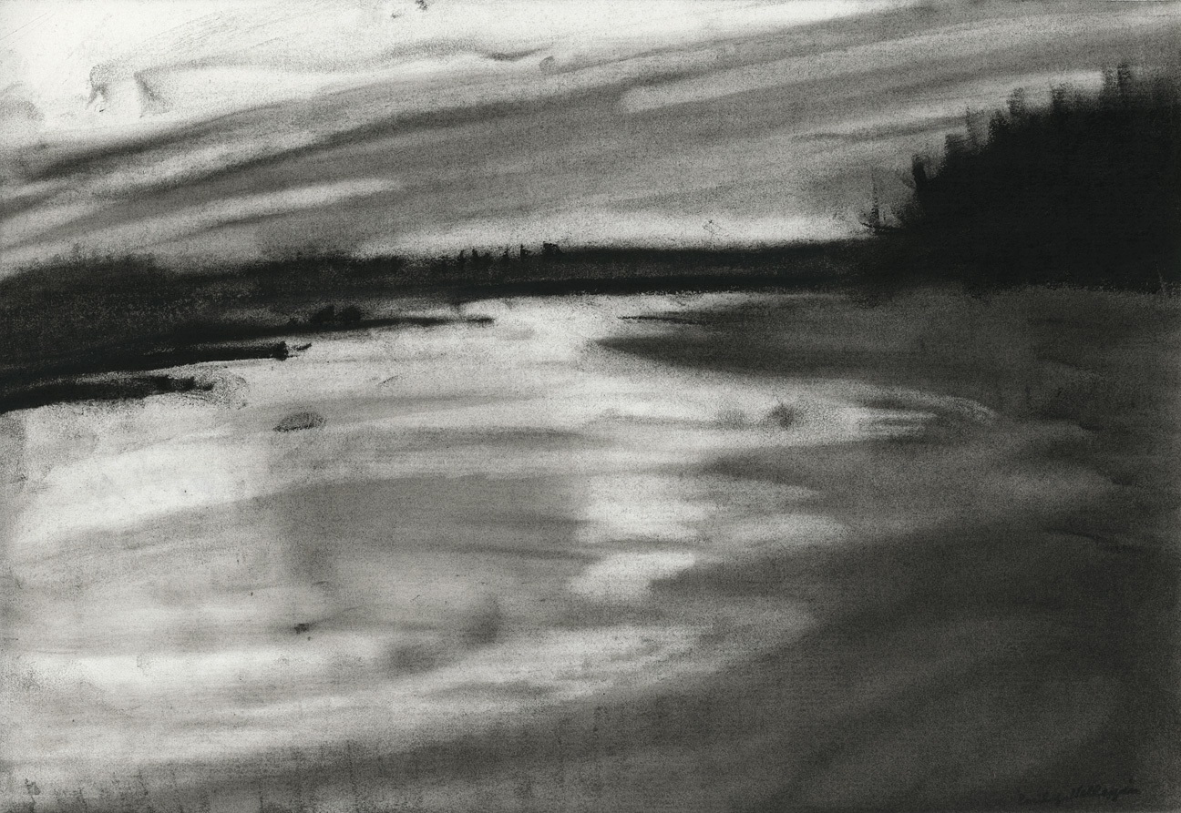 Charcoal landscape drawing of the sky and ocean at dawn or dusk, with dim sunlight coming through soft clouds and reflected off the water