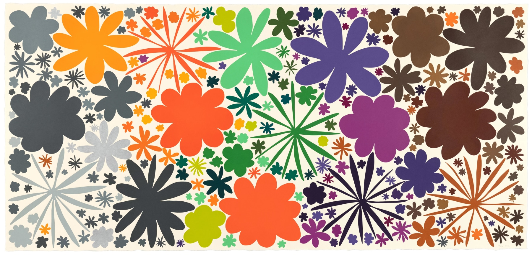 Abstract, graphic woodcut of grey, orange, green, purple, and brown flower forms on an off-white background