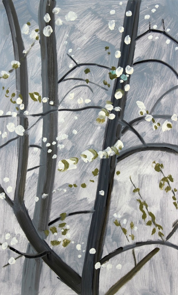 Painting of a tree with white flowers and a grey sky in the background