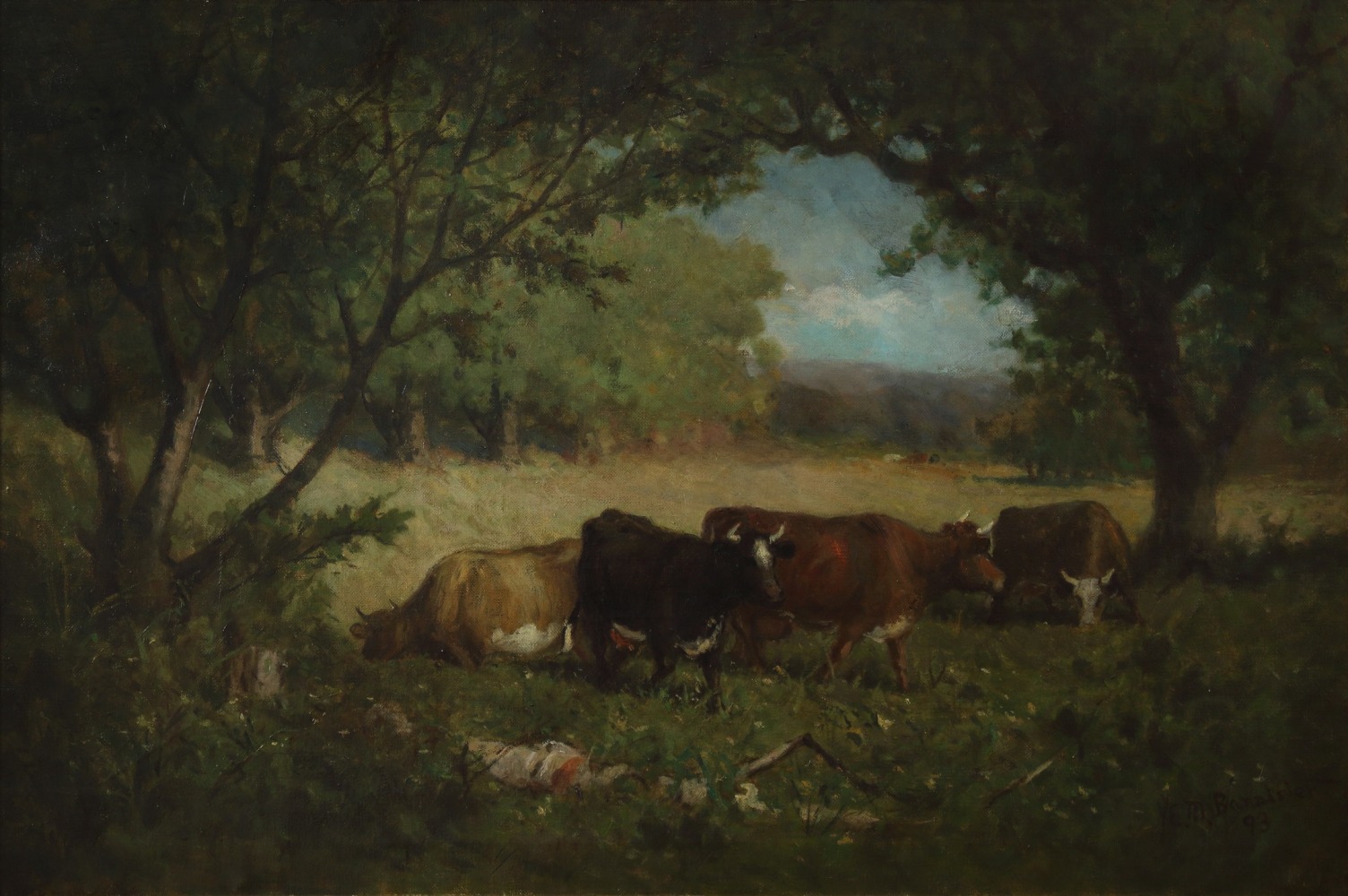 Landscape painting with four cows grazing in a grassy clearing, surrounded by dark trees and a patch of blue sky overhead