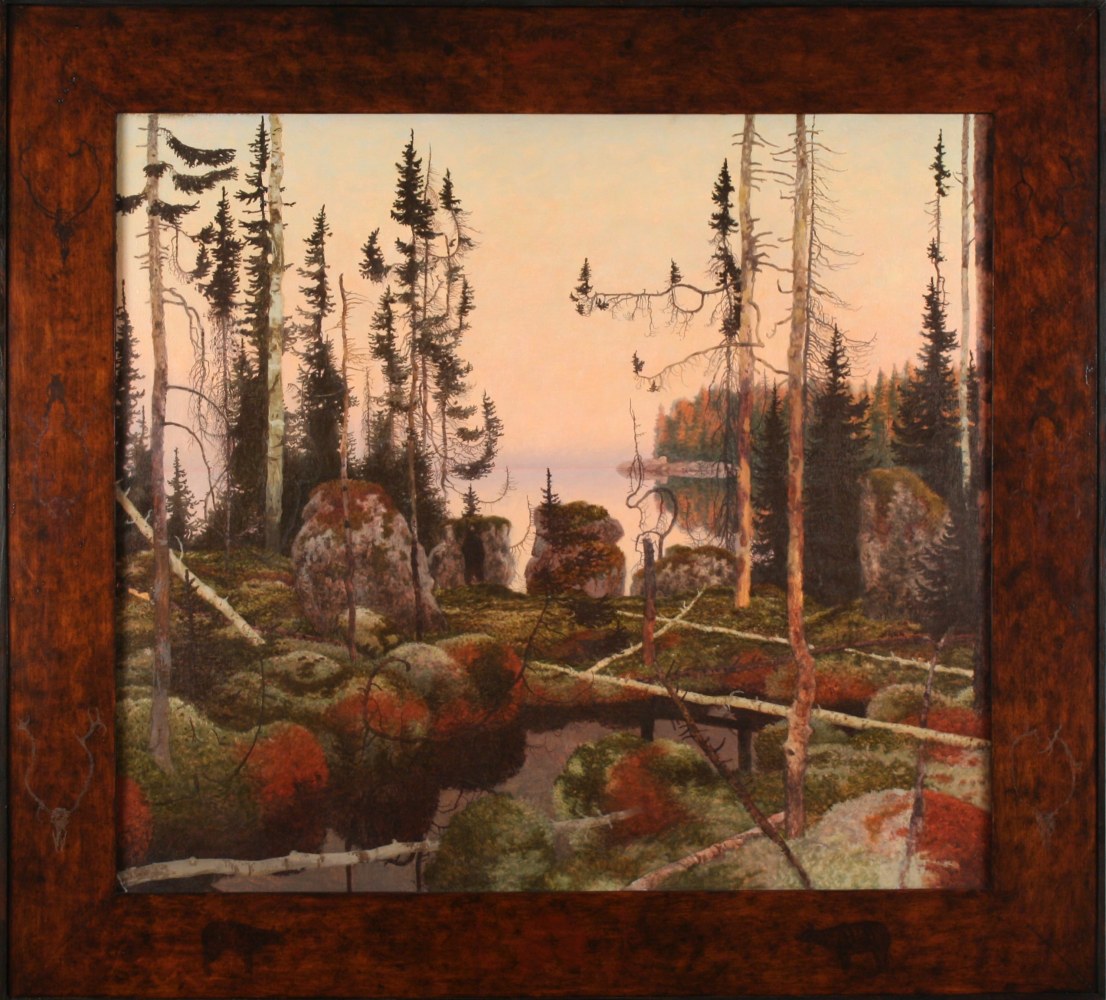 Landscape painting of a wetland scene filled with boulders and tall trees, with a bear standing on its hind legs in the middle distance and a lake in the background