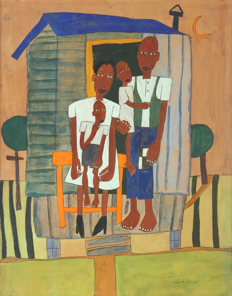 Painting showing a family of four standing on the porch of a small house