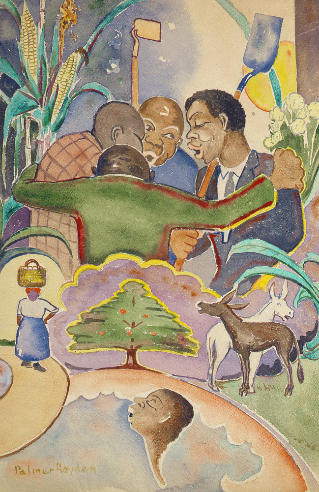 Surreal watercolor painting with four men singing together, surrounded by a juxtaposition of argicultural scenes