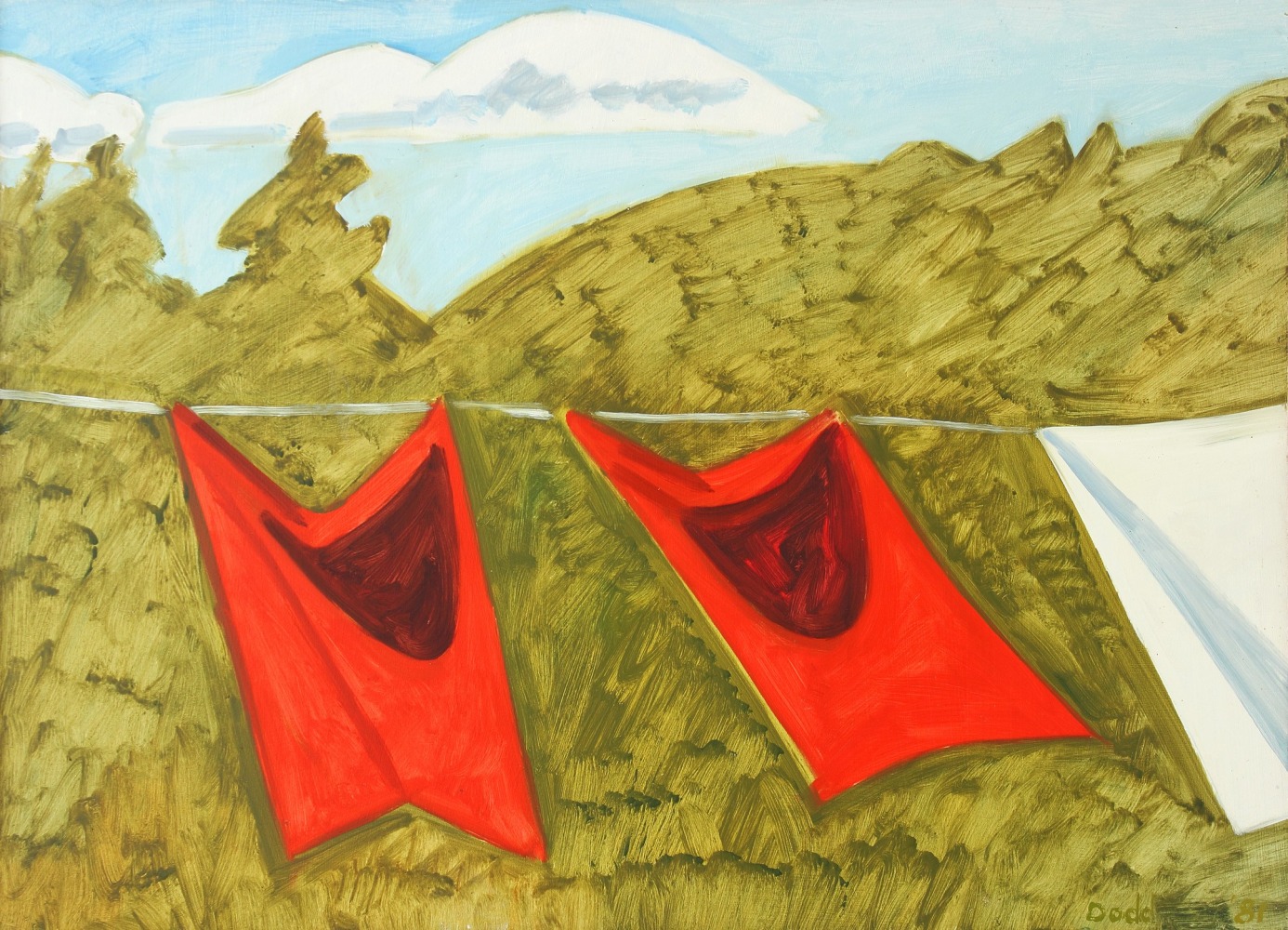 Painting of a clothesline outdoors with two red pieces of cloth and one white piece of cloth hanging from it, with an abstracted landscape and blue sky in the background