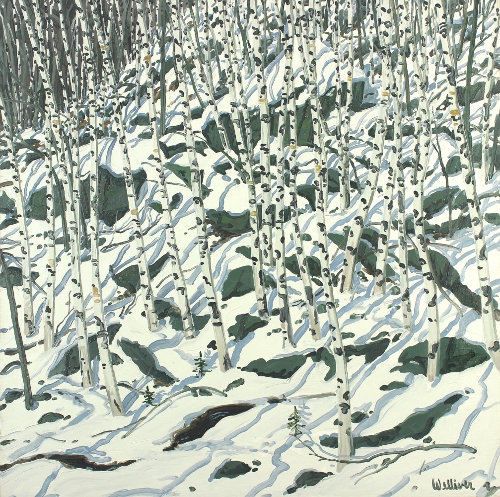Landscape painting of a snowy bank covered in rocks and birch trees