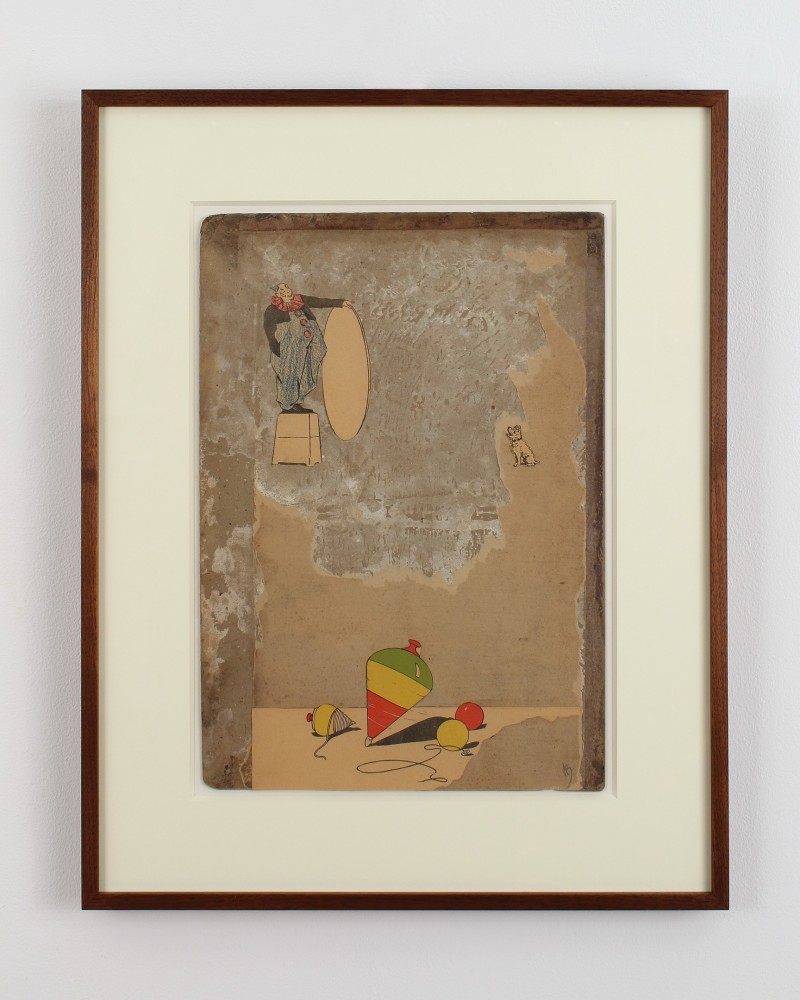 Framed collage with a group of children's toys on the bottom and a circus figure holding a hoop above