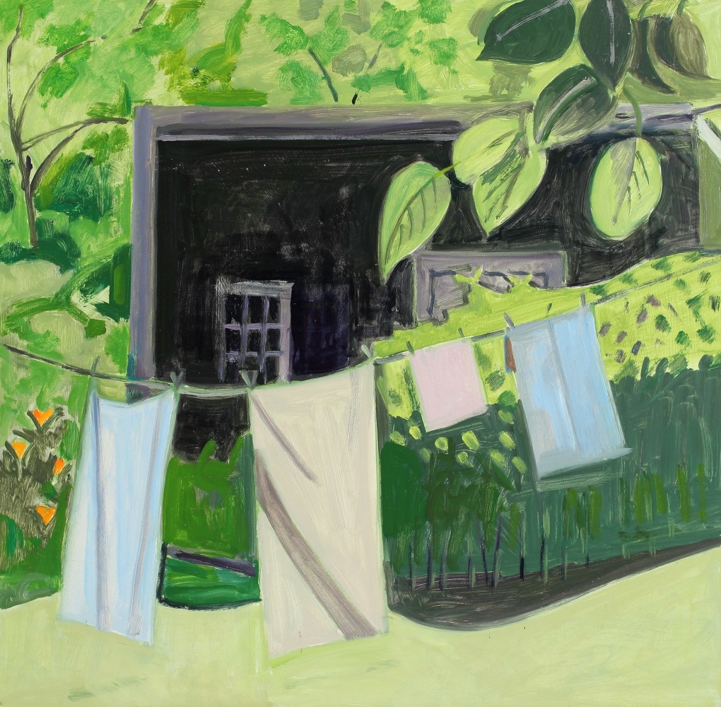 Painting of an outdoor scene with four items hanging from a laundry line in front of a black building surrounded by trees