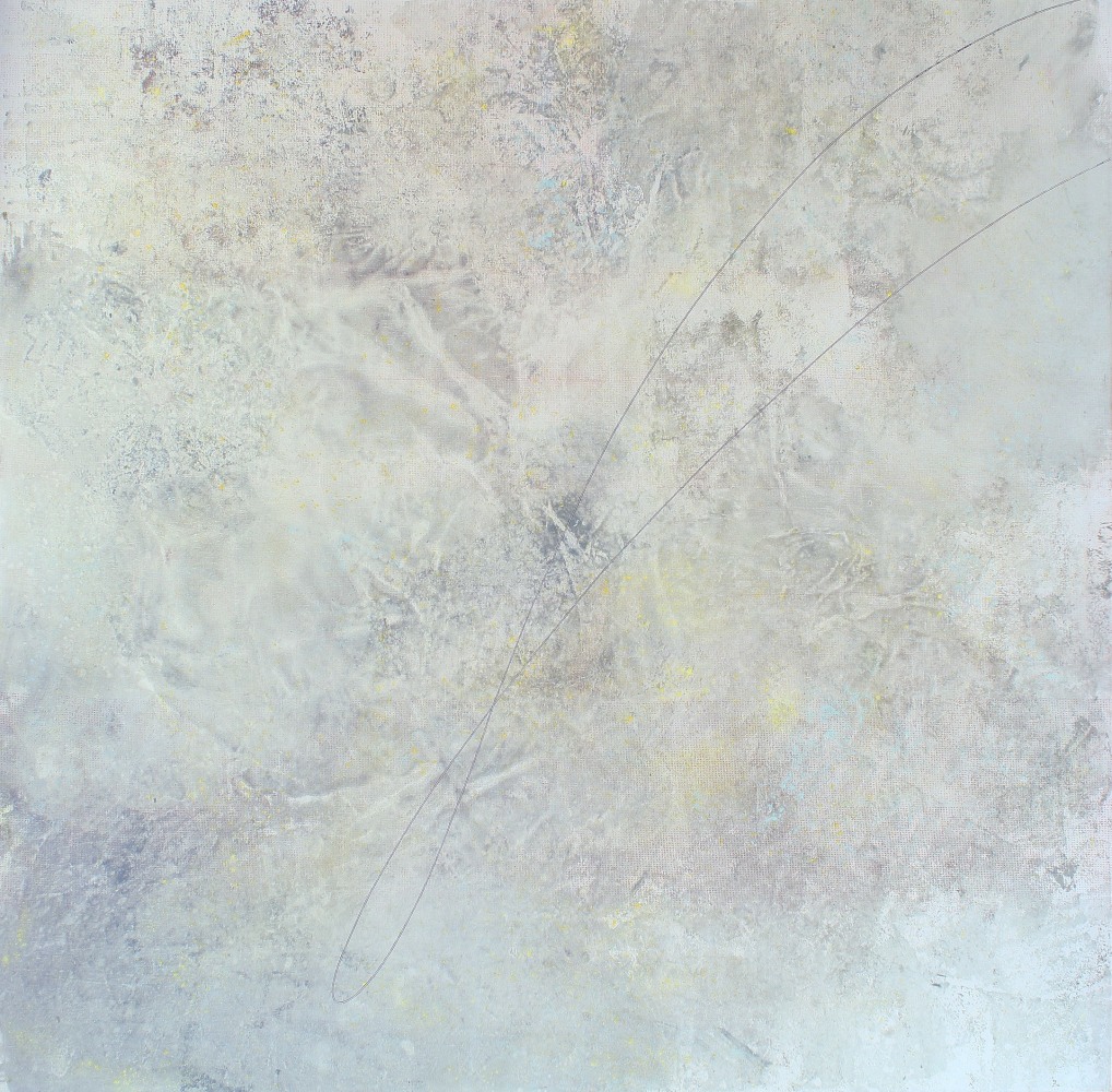 Abstract painting with a looping, curvilinear line over an atmospheric, white ground