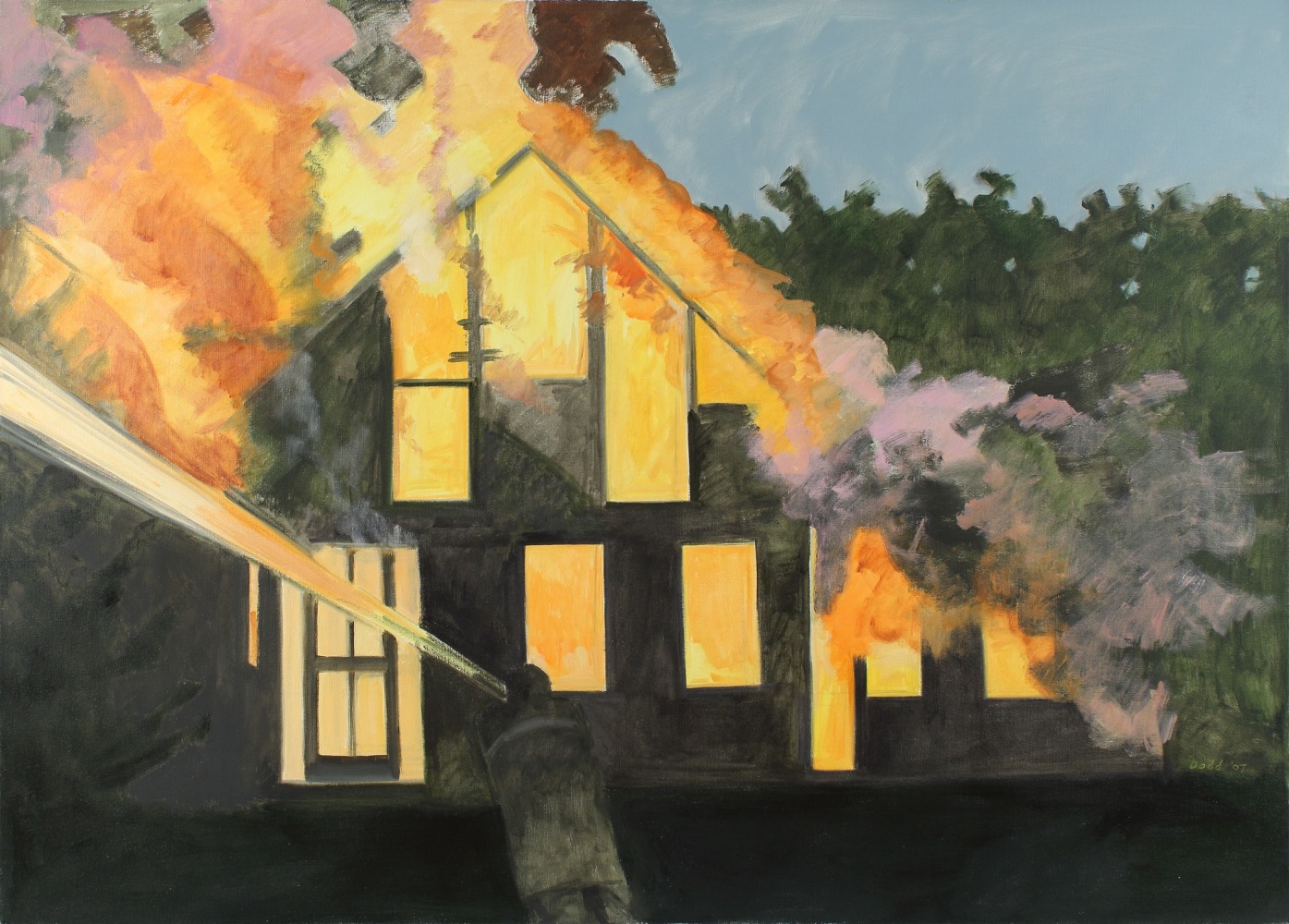 Burning House, Night, with Fireman, 2007, oil on linen, 46 x 64 inches