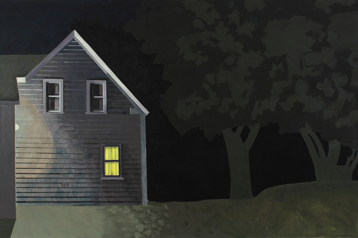 Painting of a building at night with light coming from a window and an outdoor light