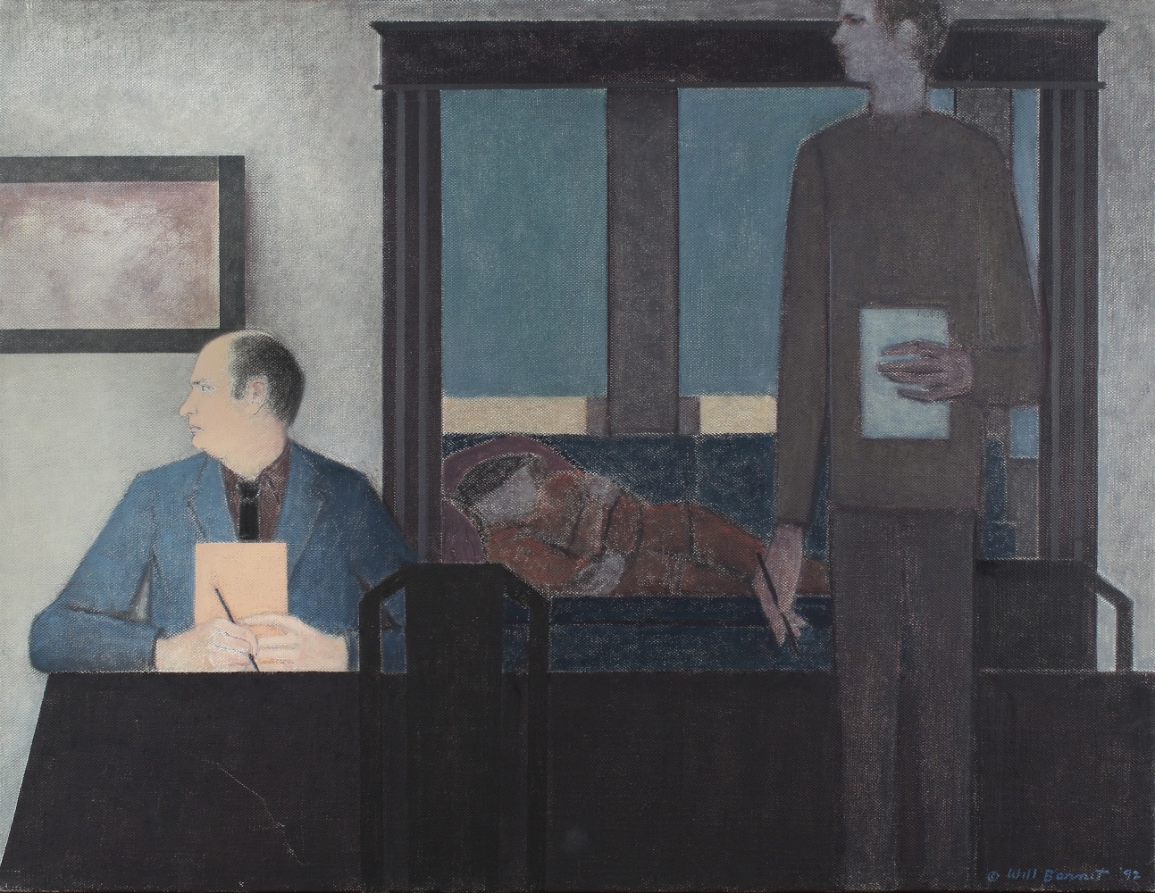 Painting of an interior scene, with three figures, two looking to the side and one reclining in a back room