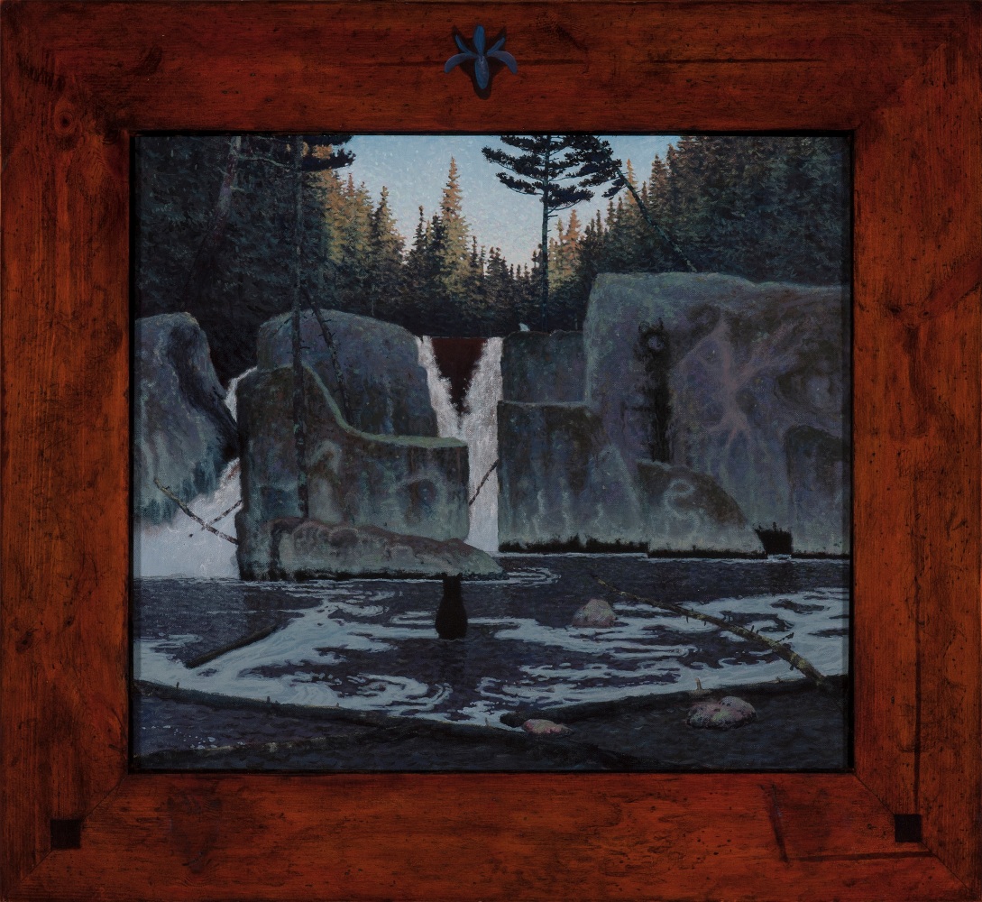 Painting of waterfalls in a rocky forest landscape, with a bear in the center of the painting gazing at the waterfall in the background