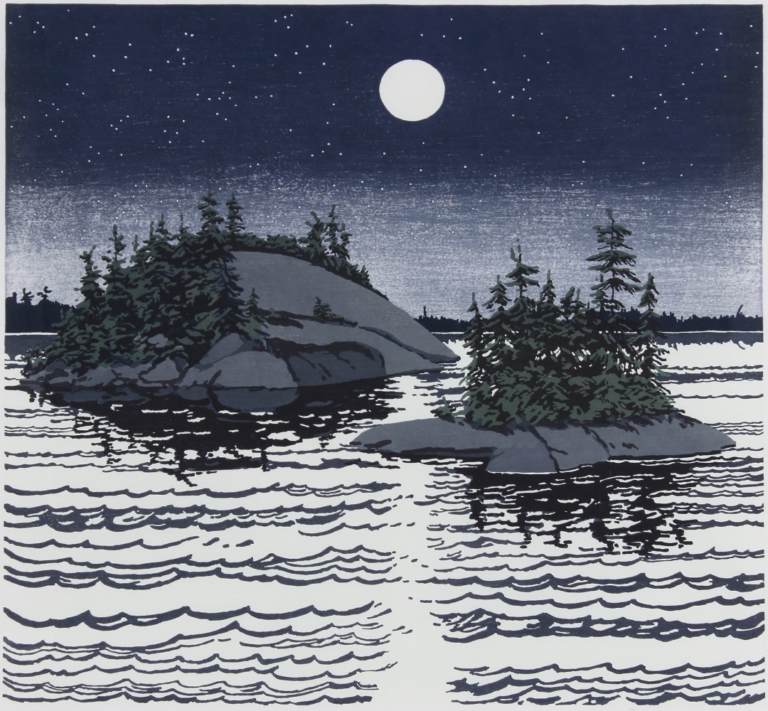 Woodcut of a nocturnal scene: two small landmasses emerging from the sea, illuminated by the full moon and stars overhead
