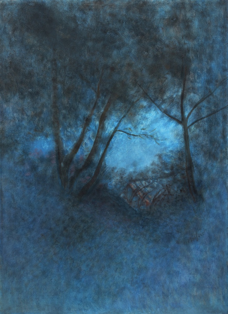 Painting of a dreamy, atmospheric blue landscape