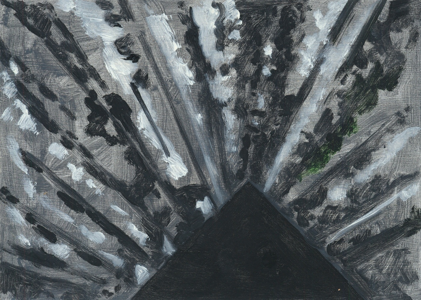 Painting of a dark, mottled cloud formation over the peak of a roof