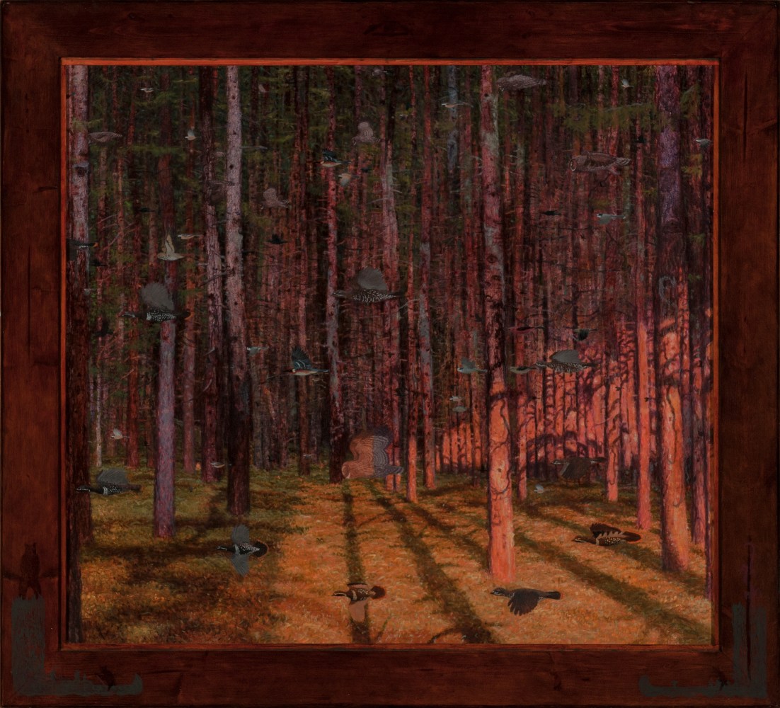 Painting of numerous birds flying through a dense forest landscape, with pink light from a sunset or sunrise illuminating the trees on the lower right side of the canvas