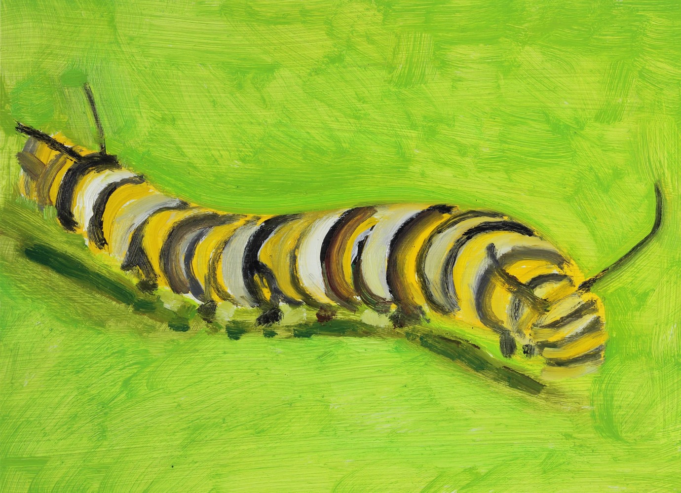 Painting of a caterpillar with stripes of yellow, black, and white crawling on a green ground