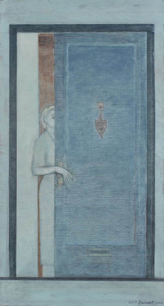 Painting of a blue doorway, partially open, with the side of a figure emerging from behind the door whose hand is resting on the doorknob
