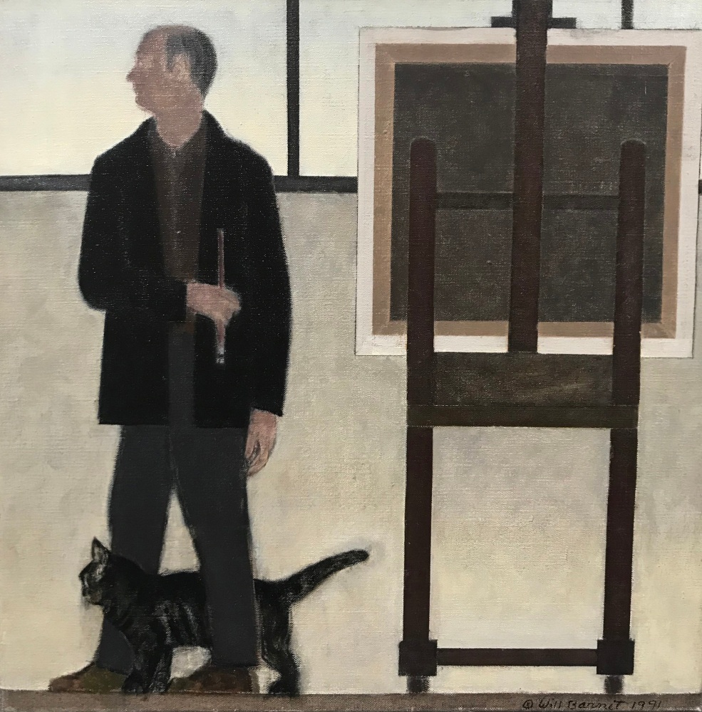 Painting of a figure standing with a paintbrush, looking to the side, with a cat at his feet and an easel with canvas to the side