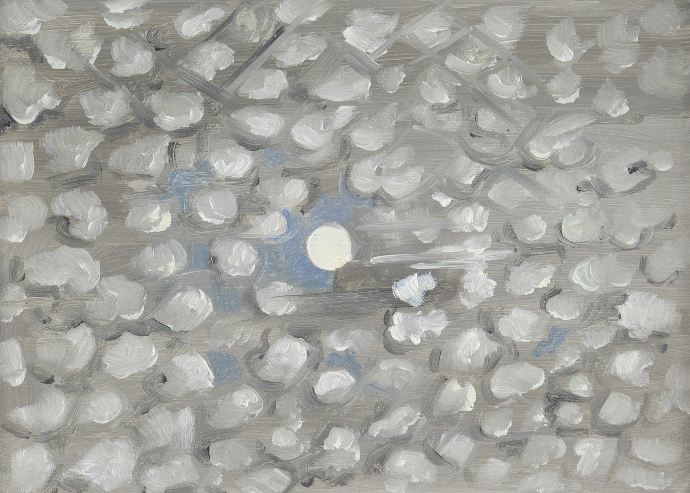 Painting of a full moon peeking out from behind a cloud formation