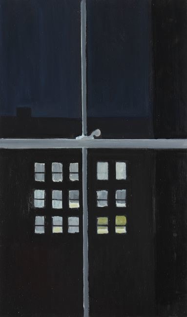 Painting showing a view looking out from an interior window at a dark building at night with lights emanating from fifteen windows