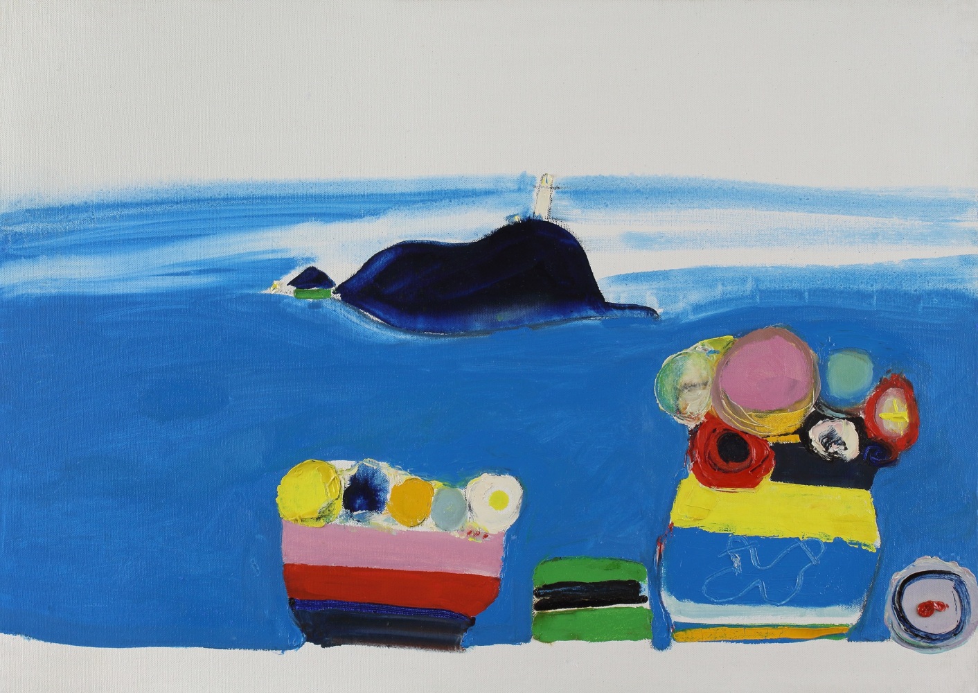 Abstracted seascape painting with a small, dark blue island in the distance and vases of flowers in the foreground