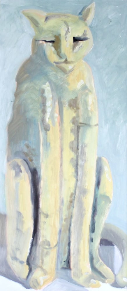 Lois Dodd, Ceramic Cat (Front View) (Bill King), 2009, oil on Masonite, 18 x 8 inches