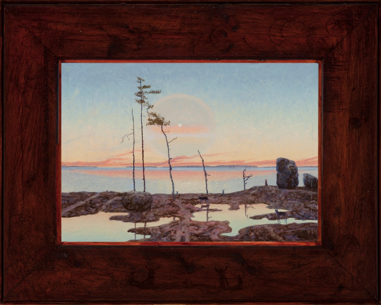 Painting of a wetlands landscape with forest animals throughout and a radiant sun overhead