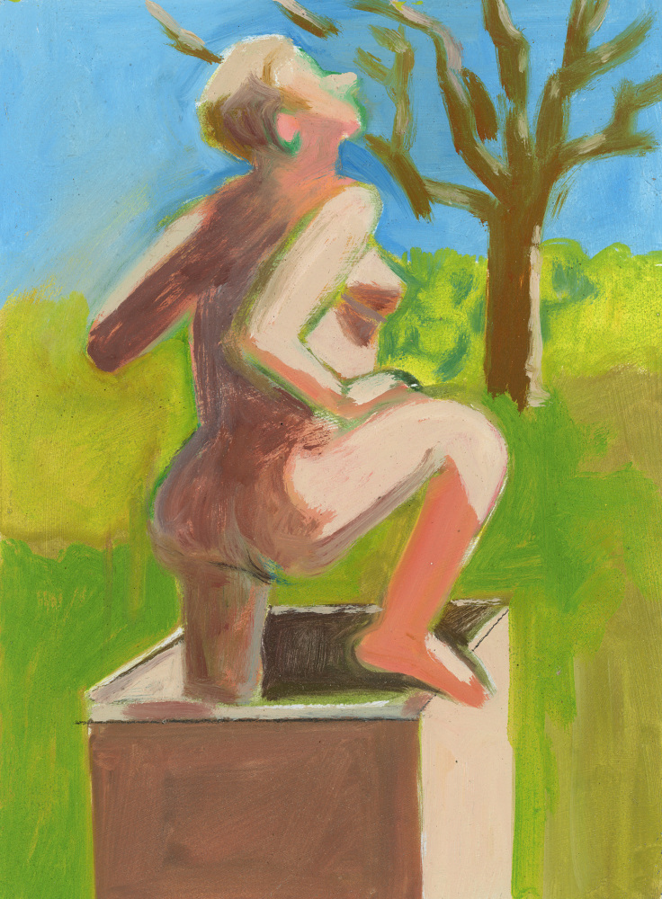 Painting of a nude figure outdoors stepping out of a box, with a tree and blue sky in the background