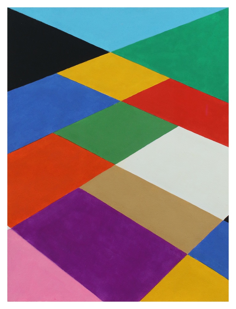 Geometric abstraction with diamond-shaped sections of blue, black, green, yellow, red, white, pink and purple
