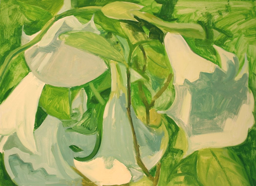 Painting of a close-up view of white flowers surrounded by green foliage