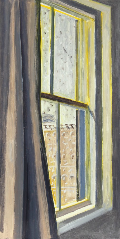 Painting of an interior, partially-curtained window looking out at a building and falling snow outside