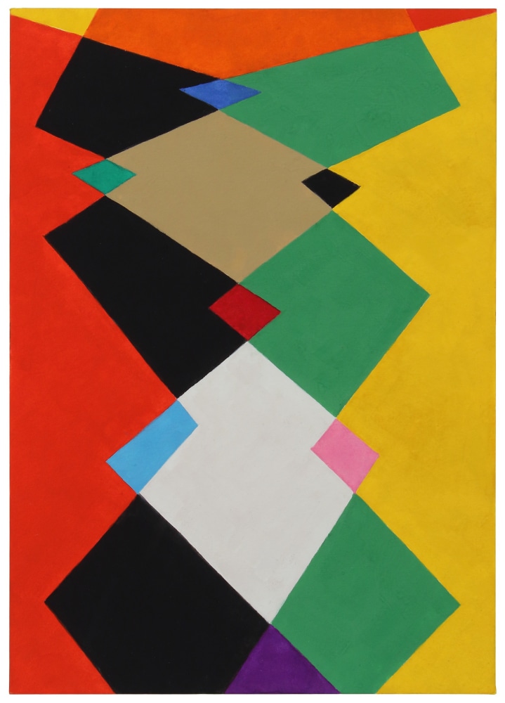 Geometric abstract painting with interlocking shapes in red, orange, yellow, green, tan, blue, pink, and purple