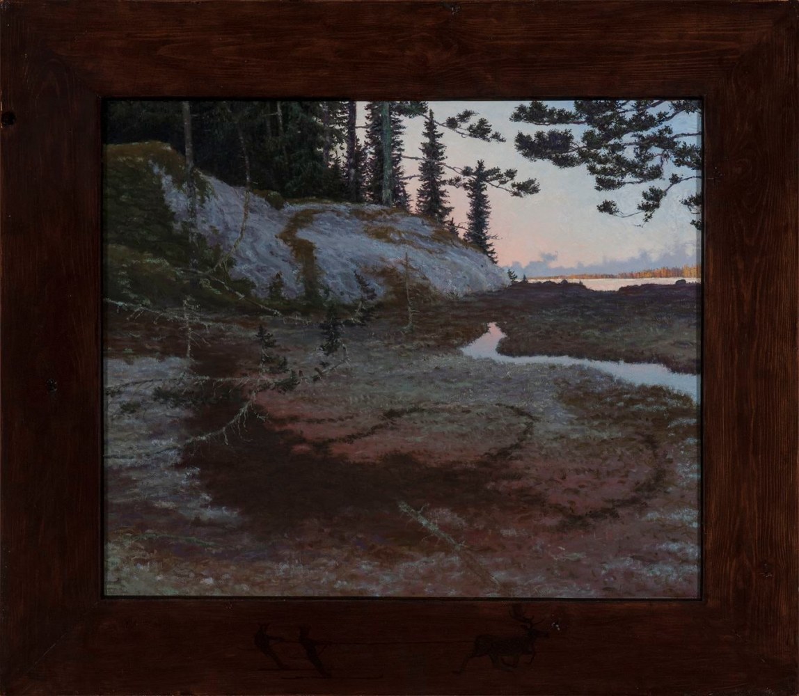 Landscape painting of woods and marsh land with a pale sunset behind