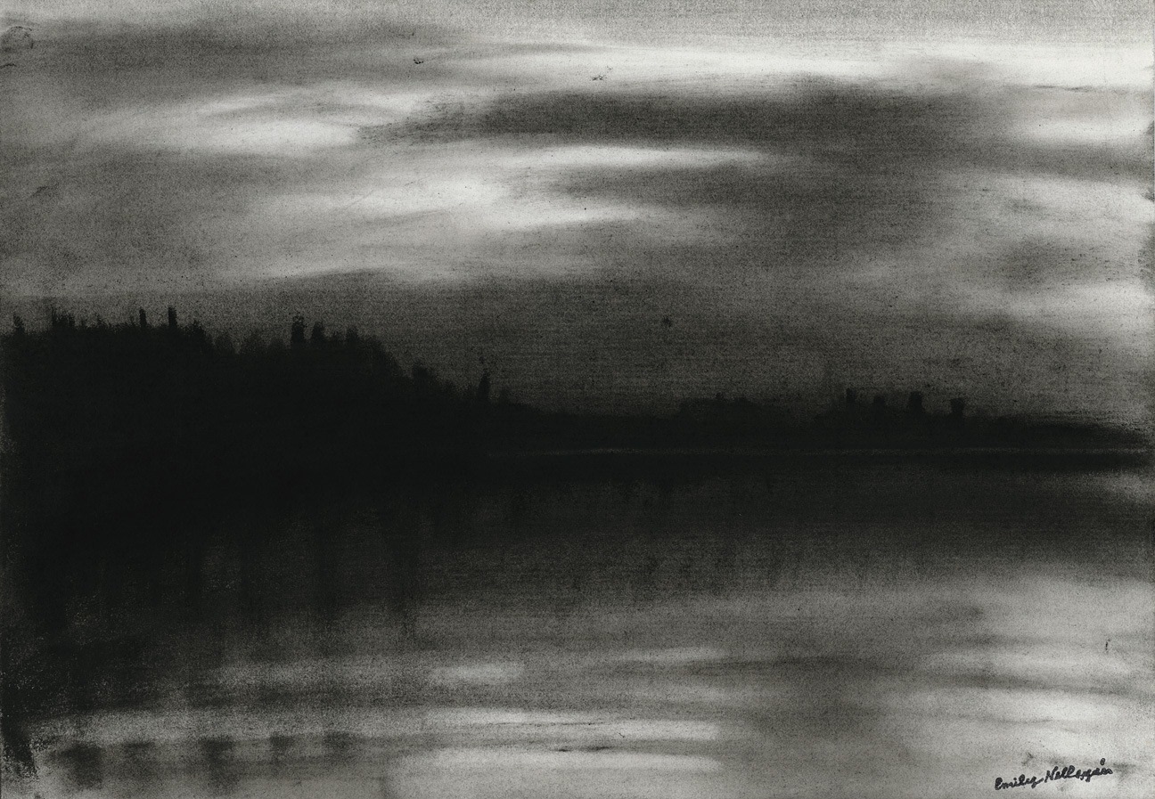 Charcoal landscape drawing of the sky and ocean at dawn or dusk and a tree-lined shore, with dim sunlight coming through soft clouds and reflected off the water