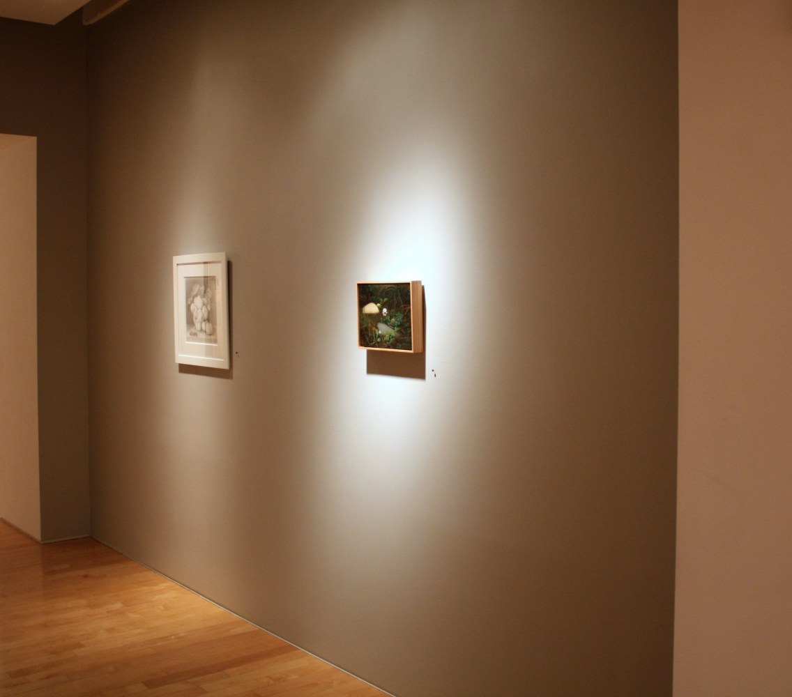 Photograph showing a view of an exhibition, with one framed drawing and one framed painting hanging on a grey wall