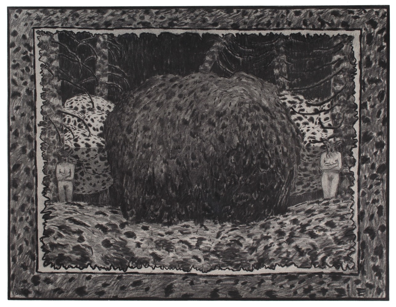 Charcoal drawing of a surreal forest scene with two figures with the body of a human and the head of an animal standing on either side of a large mound