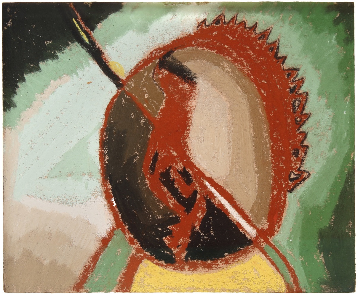 Painting with abstract, organic lines and forms in red, brown, green, yellow, and tan