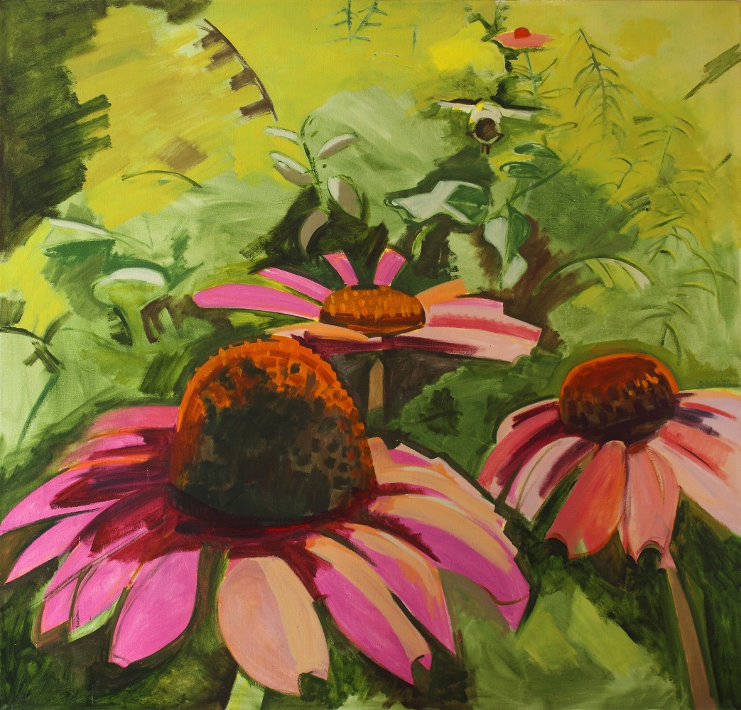 Painting of three pink flowers with an abstracted green background